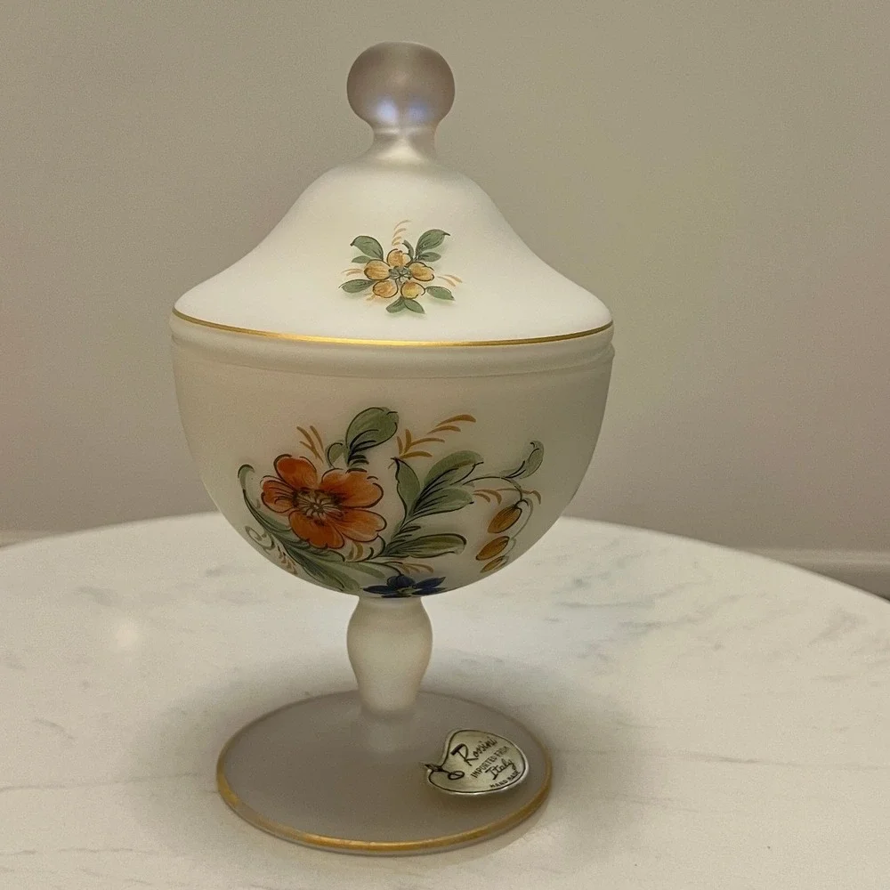 Vtg Italian Frosted Satin Glass Candy Dish‎ Rossini Hand Painted Pedestal Lidded